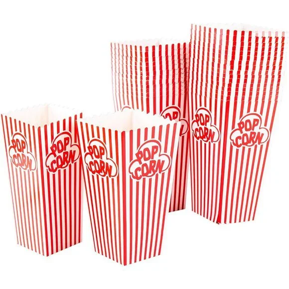 Popcorn Containers Boxes 100 Pack - Striped White and Red Paper - for Home Movie